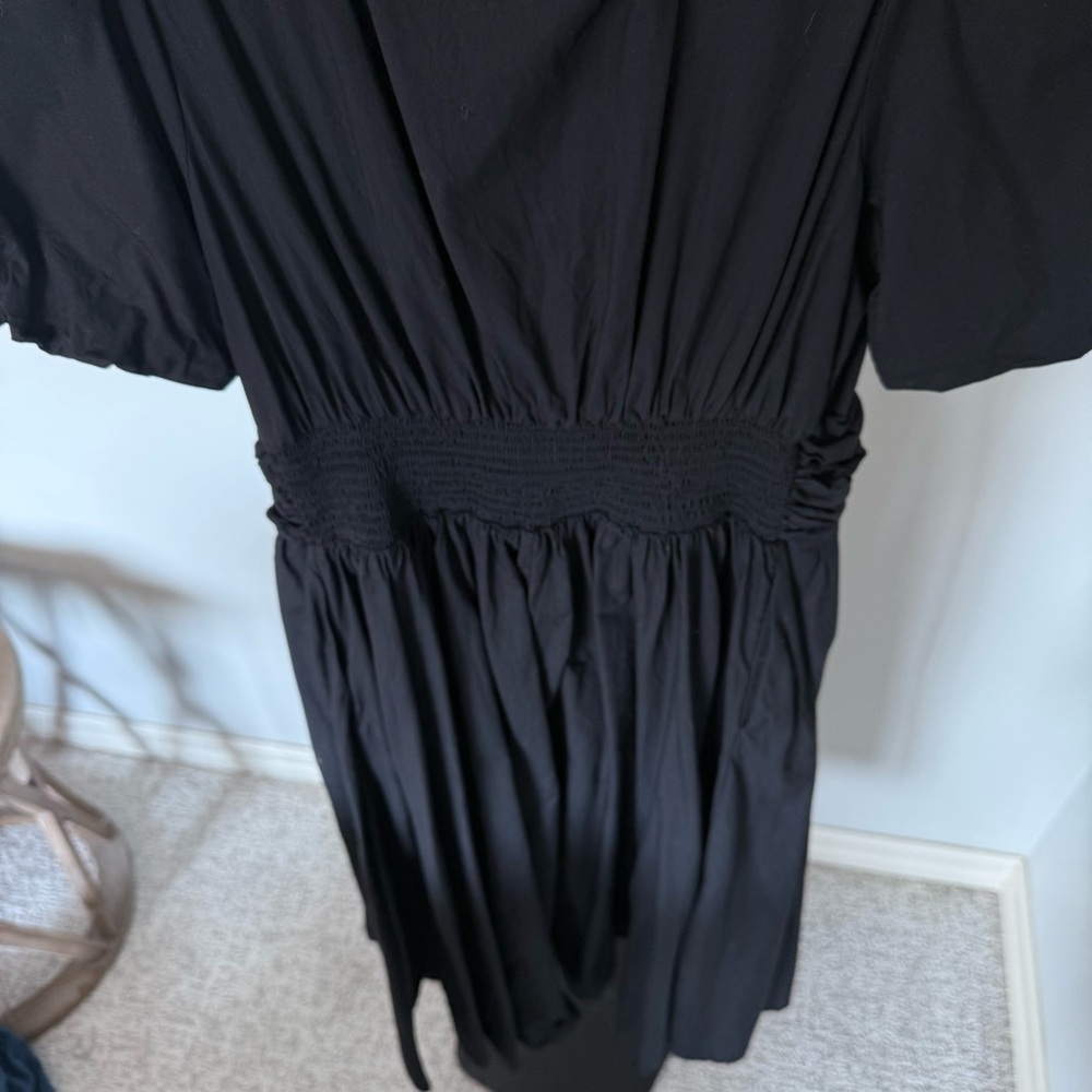 Anthro Somerset Black Midi Dress M Puff Sleeve Ruched Waist - Picture 5 of 7